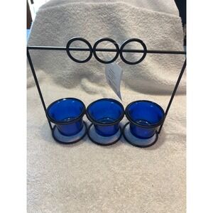 Home Essentials Cobalt Blue Glass Votive Holders with Black Metal Rack 4pc Set